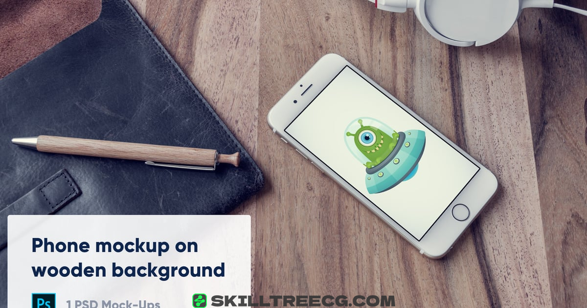 Phone and Headphones on Wooden Background - Mockup（091537）-技能树